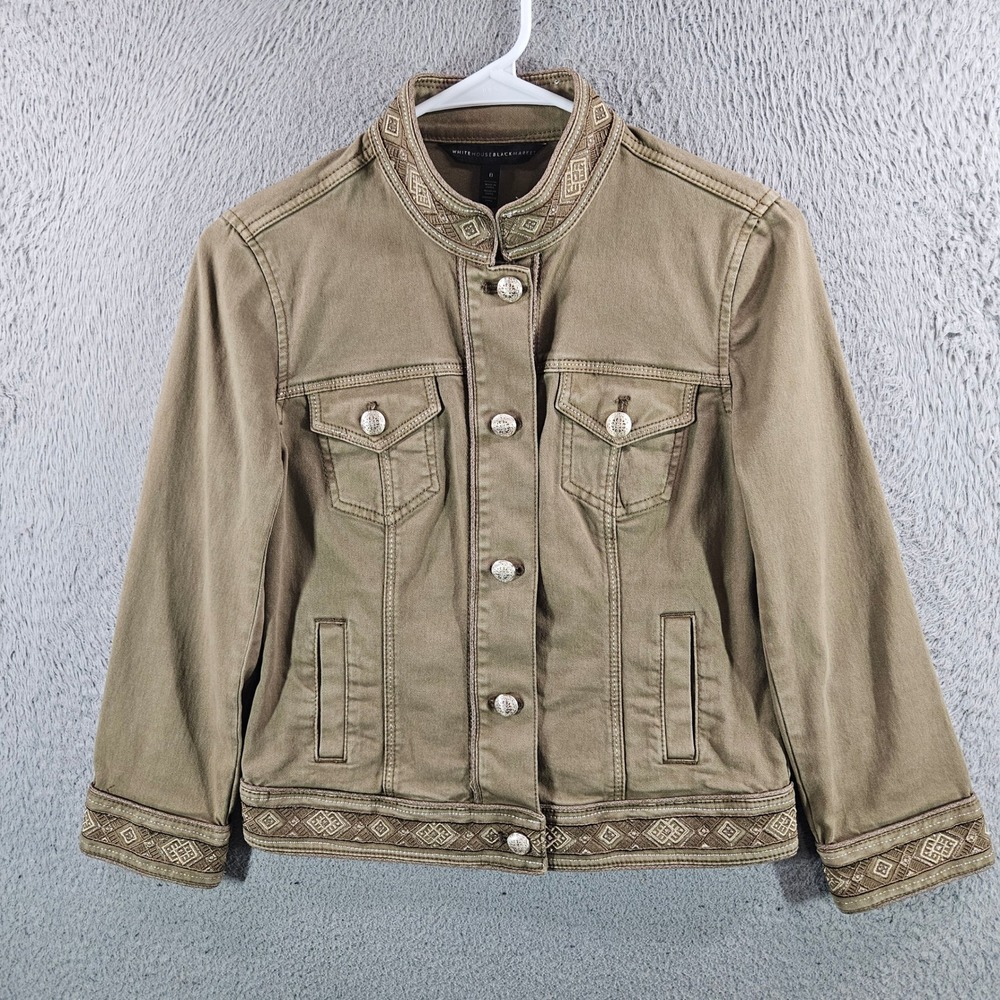 White House Black Market Embroidered Military Jacket Olive Khaki Size 0